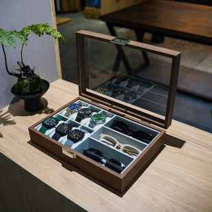 6手表盒+3位眼镜收纳盒木纹多格透明玻璃盖防尘展示架大容量展示