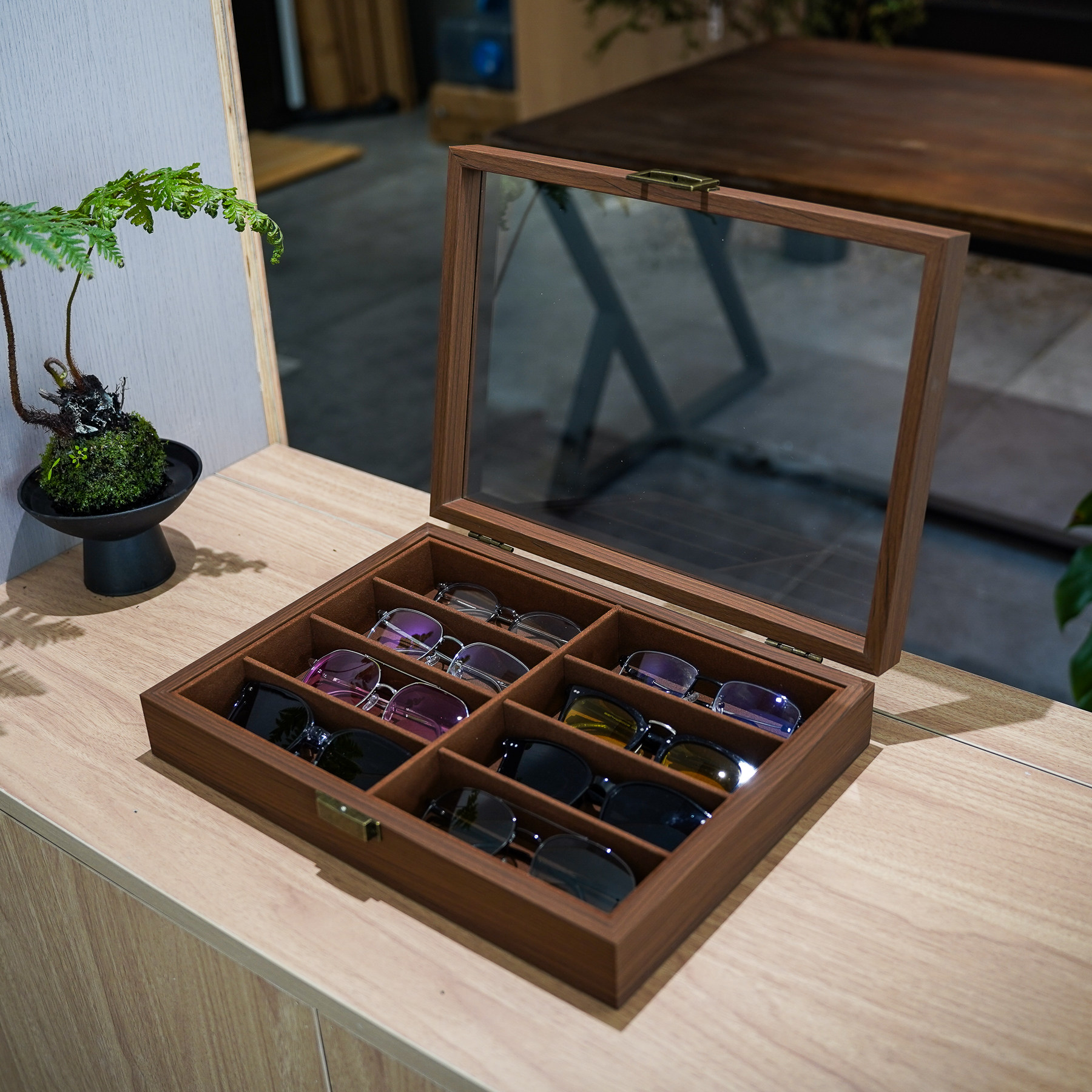 复古风眼镜收纳盒8格胡桃色防尘太阳镜展示高档储物盒家用眼镜盒