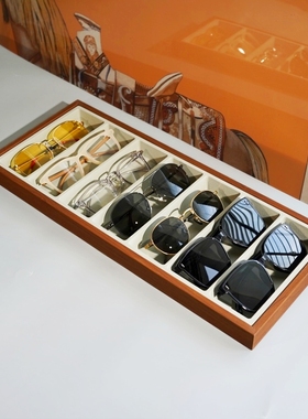 黑胡桃木纹木质内灰色 7位眼镜墨镜展示托盘太阳镜销售陈列展示盘