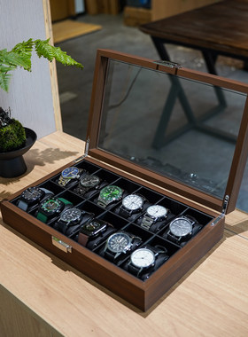 木纹翻盖12位大容量手表收纳盒