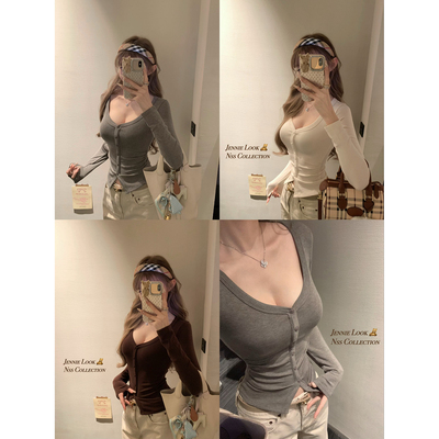 NSS COLLECTION 心动韩女 显胸纽扣tee内搭修身打底衫v领长袖上衣