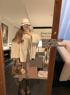 NSS COLLECTION 神明少女 格子翻袖双面呢大衣高级感白色毛呢外套