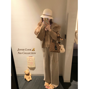 女白色连帽毛衣外套冬 NSS COLLECTION 香软奶糕 毛领棕色针织开衫