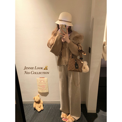 NSS COLLECTION 香软奶糕 毛领棕色针织开衫女白色连帽毛衣外套冬