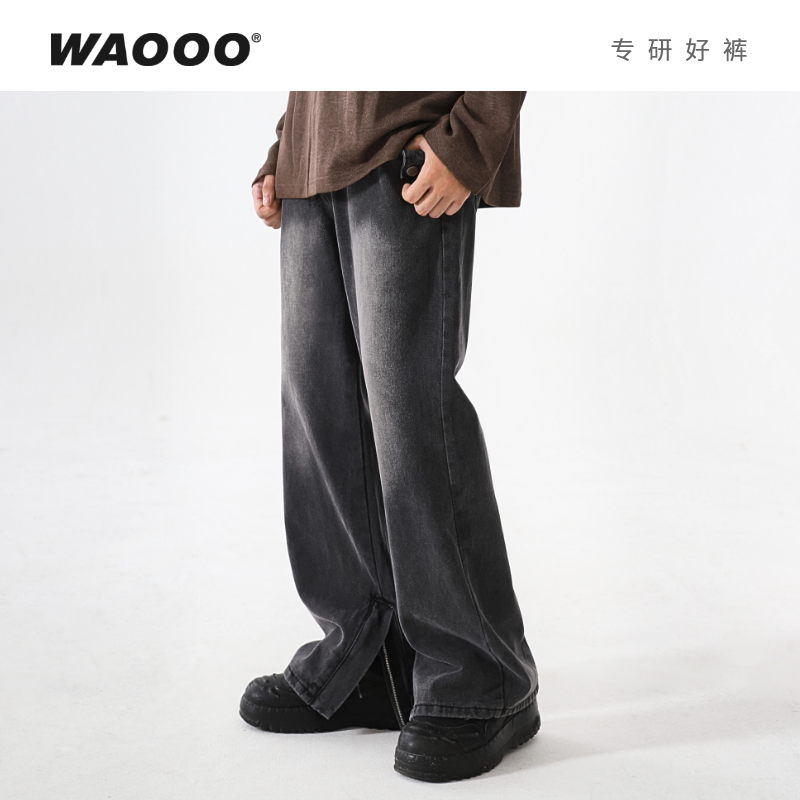 WAOOO 美式高街高级小众百搭黑色裤复古蓝开叉直筒牛仔裤子男潮牌