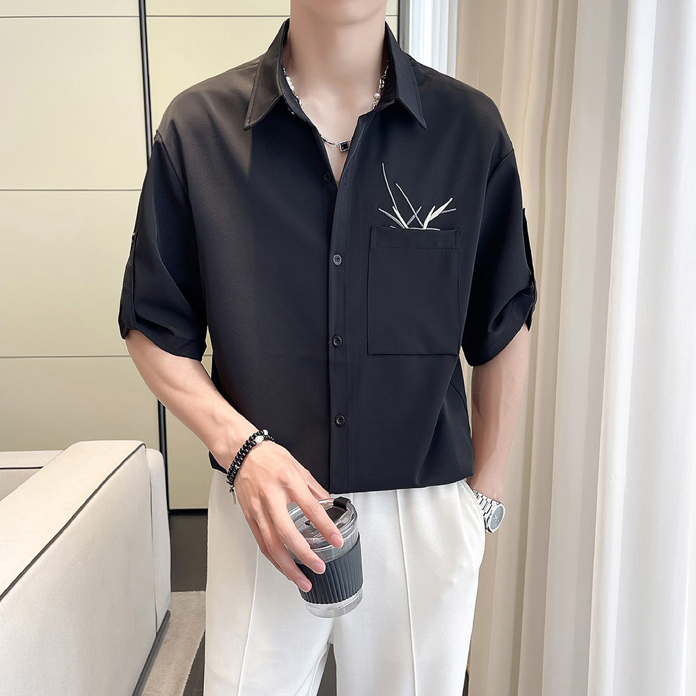 抖音男尚冰丝轻奢新中式痞帅衬衫刺绣风短袖垂感CS351P50,男装衬衫,电商A312