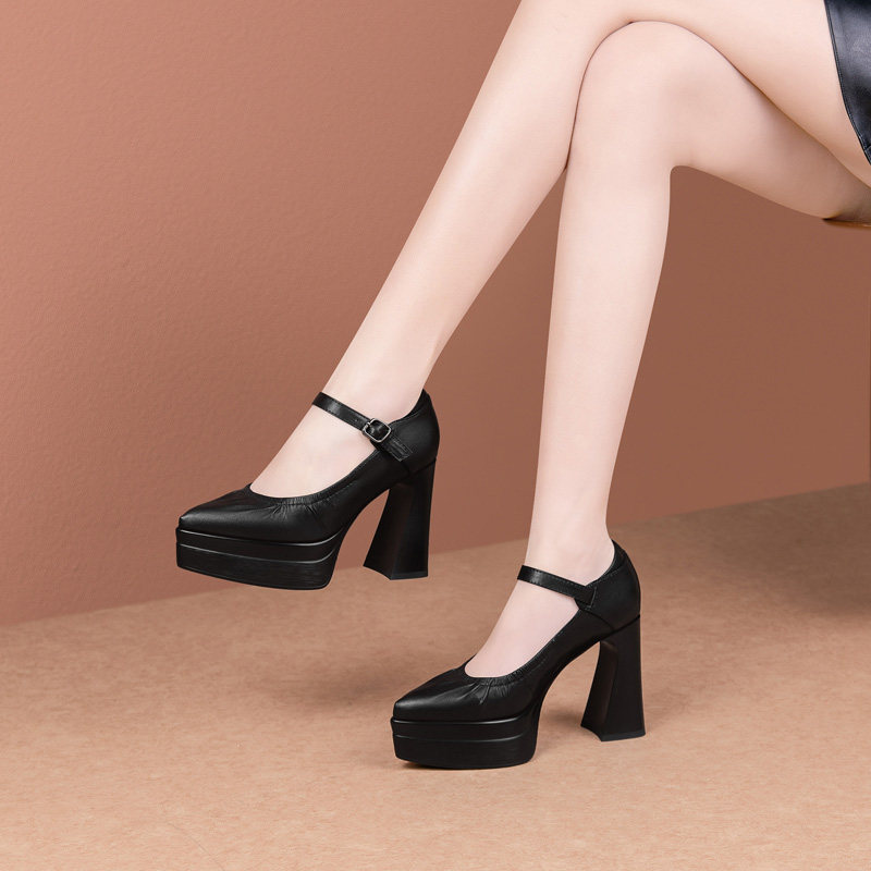 10cm头层牛皮高跟鞋性感尖头玛丽珍女粗跟防水台一字扣单鞋不累脚