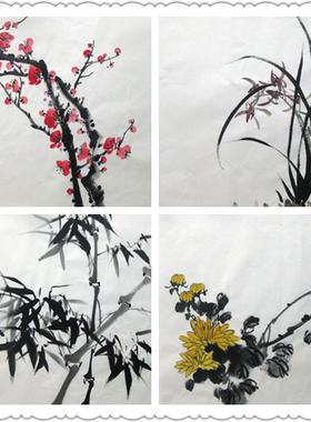 纯手绘国画花鸟小品斗方 35CMX35CM梅兰竹菊套画 家居装饰字画522