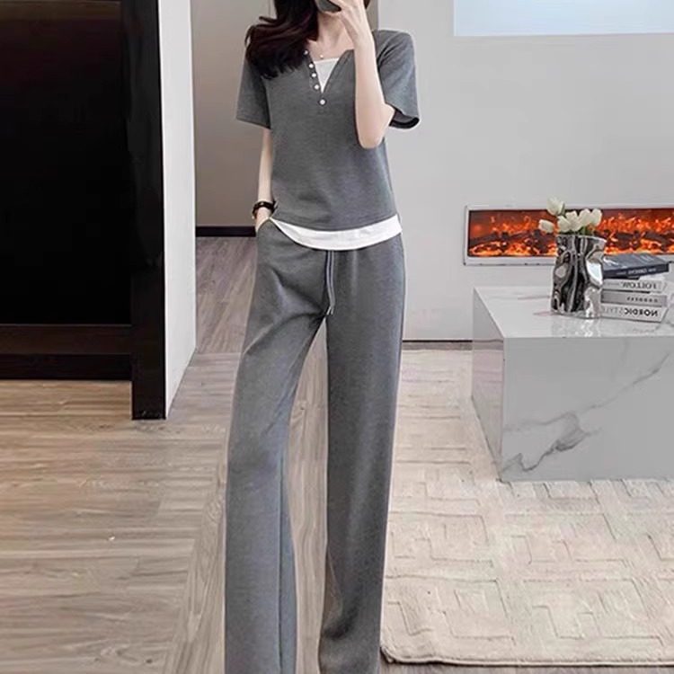 纯棉假两件休闲运动套装女夏季新款欧货时髦洋气阔腿裤薄款两件套