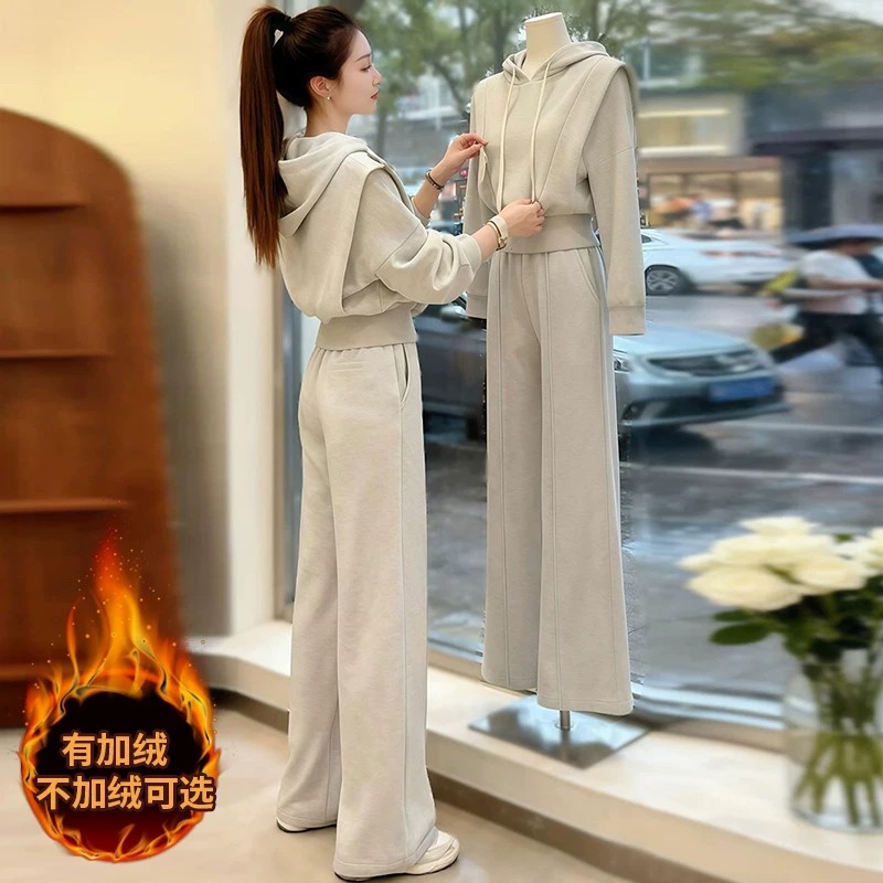 灰色休闲运动卫衣阔腿裤两件套图片