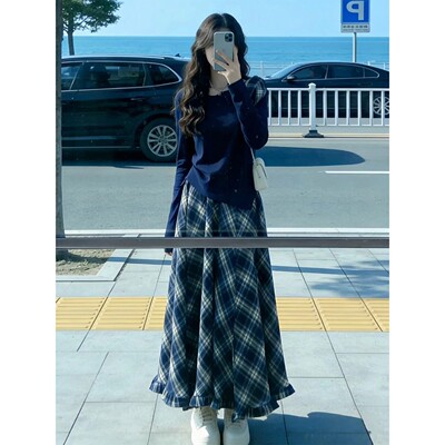 巨好看蓝色长袖女格纹长裙套装