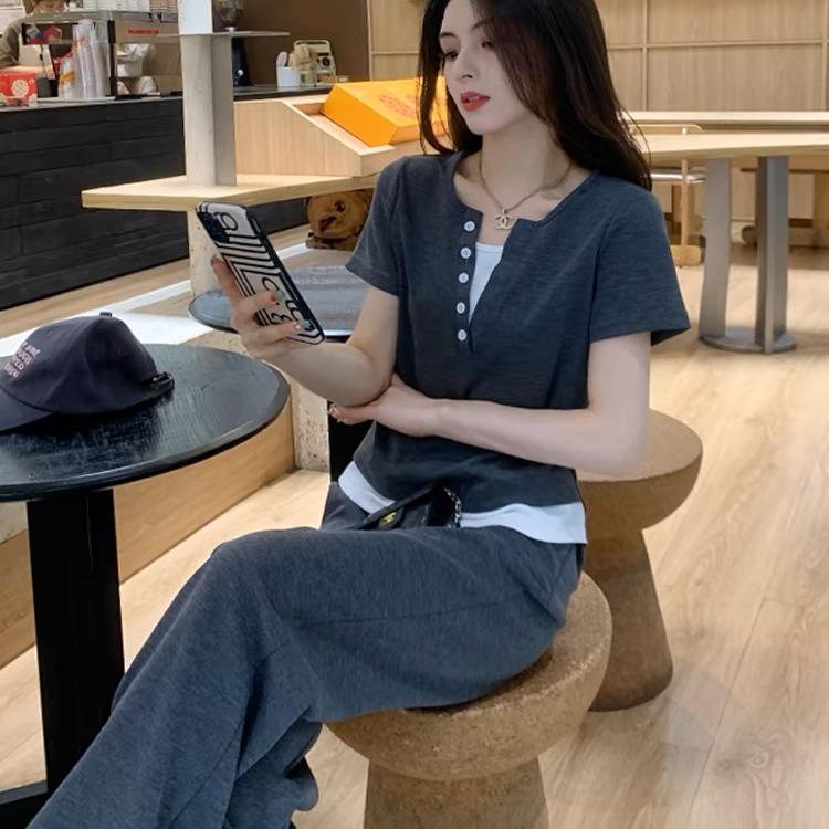 灰色运动休闲套装女夏季2025新款时尚减龄洋气网红短袖阔腿两件套