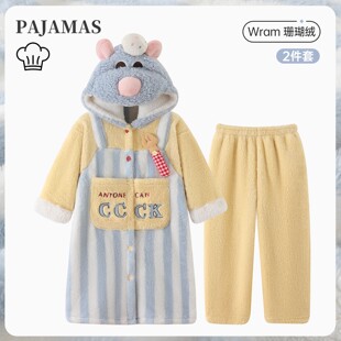 料理鼠王连帽睡袍女秋冬季加绒加厚保暖珊瑚绒浴袍可爱睡衣家居服