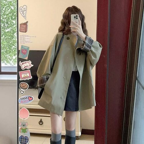 格子拼接短款风衣外套女春秋时尚