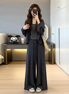 灰色开衫外套女早秋阔腿裤三件套
