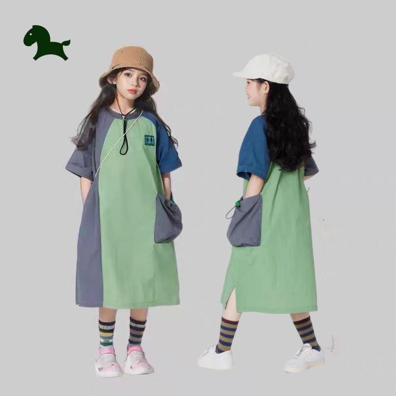 愛(ài)西娜【速干】女童夏新款親子撞色拼接大口袋休閑戶(hù)外山系連衣裙