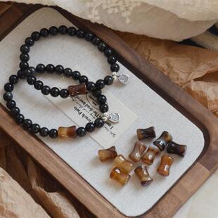 苍山 新中式天然黑曜石玛瑙竹节纯银扎基拉姆情侣手串男女