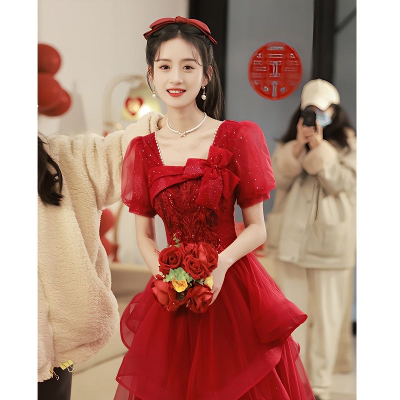 短袖长裙礼服高级感订婚敬酒服