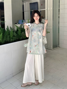 一整套睡衣女夏季 慵懒风缎面新中式 国风浅绿色印花盘扣上衣阔腿裤