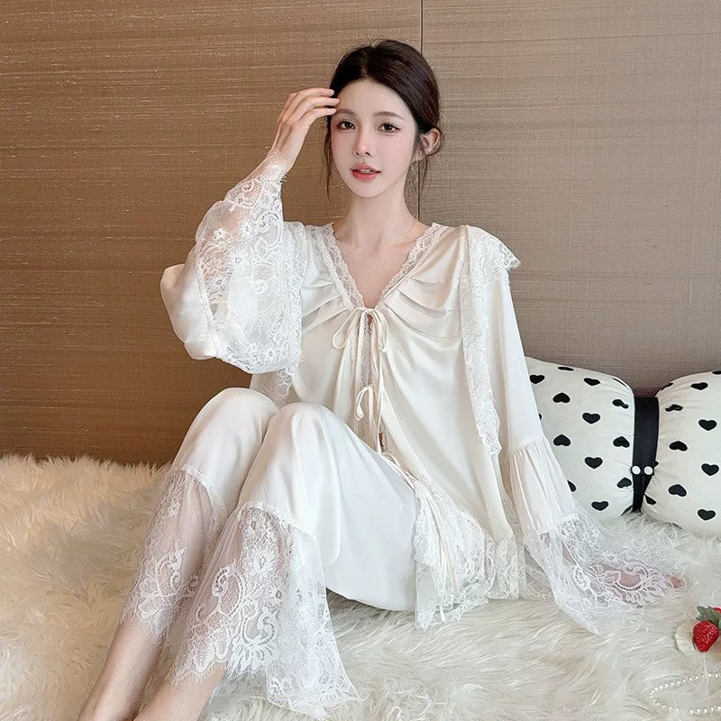 睡衣女款2025新款春秋冰丝绑带上衣贵气蕾丝花边长袖两件套家居服