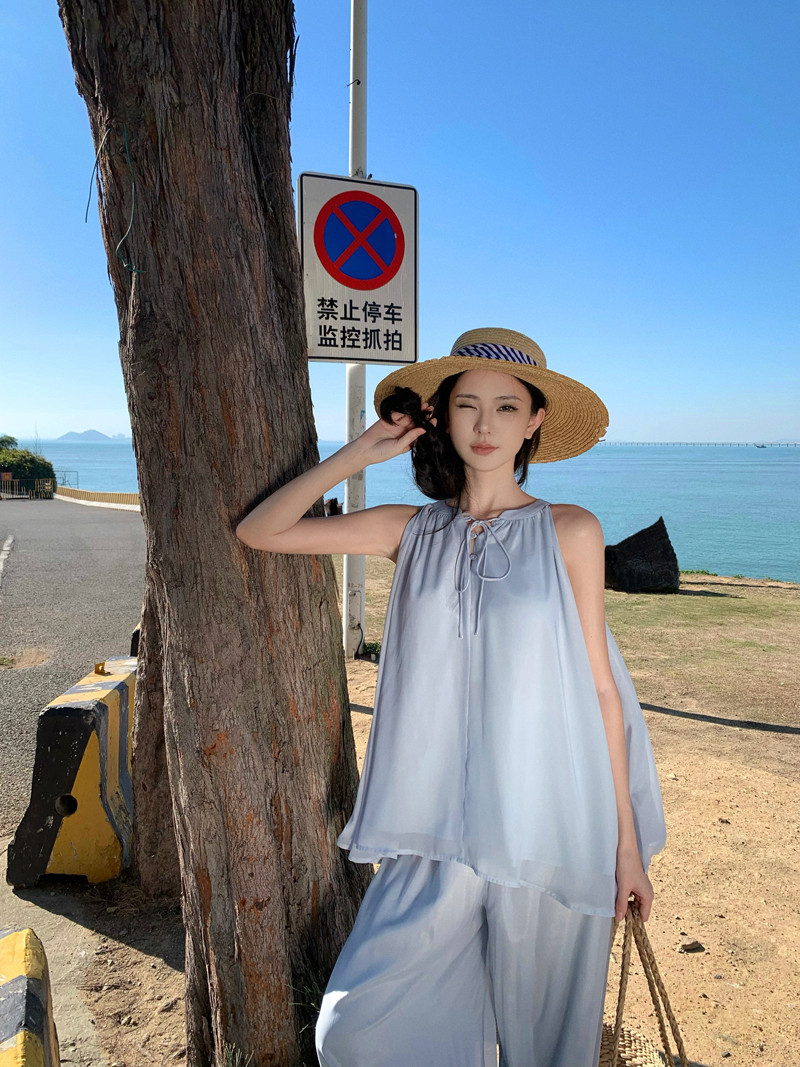 睡衣女夏季2025新款慵懒风吊带衬衫阔腿裤可外穿女士休闲夏天套装