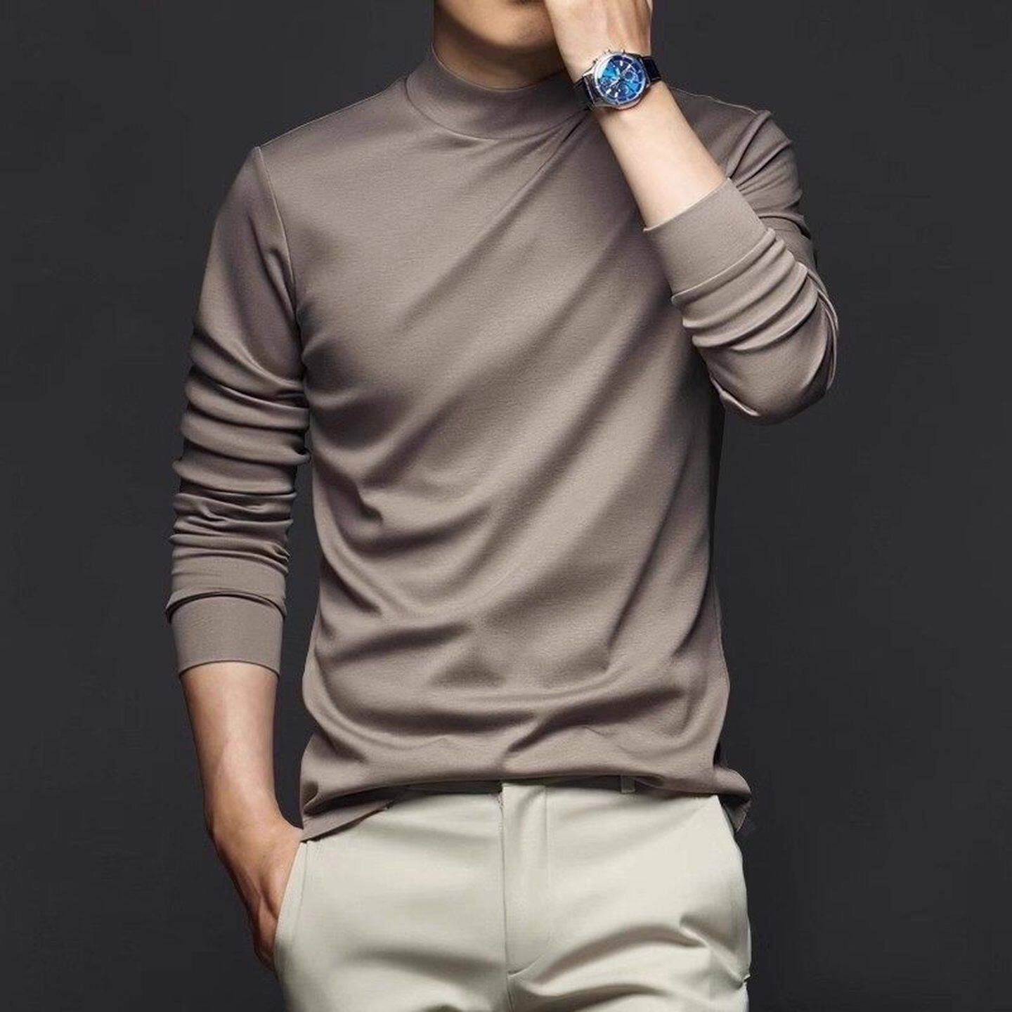 仓树一石潮牌半高领长袖T恤男秋冬百搭丝光棉修身打底衫内搭上衣