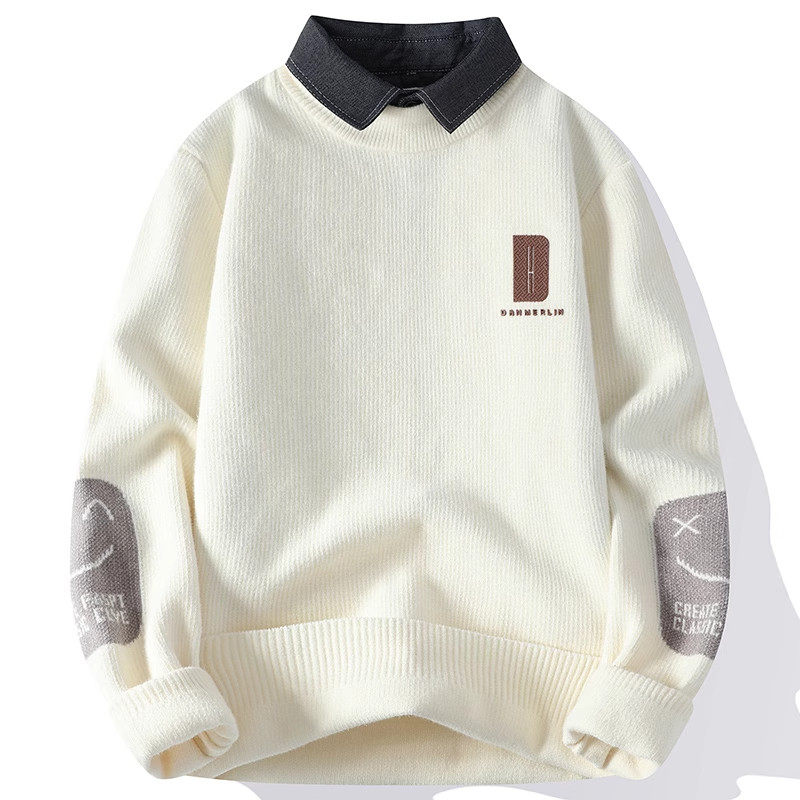 仓树一石潮牌衬衫领毛衣男士秋冬季新款假两件针织衫宽松休闲上衣