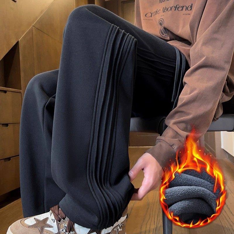 仓树一石针织卫裤男秋冬季加绒加厚阔腿直筒运动长裤青少年抓绒裤