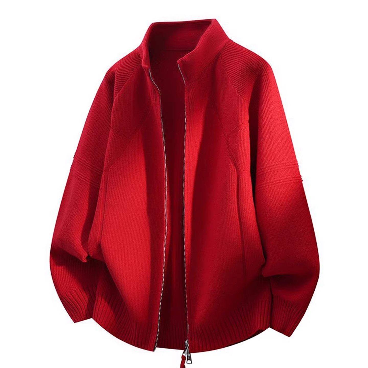 仓树一石秋冬季红色立领拉链针织开衫男宽松休闲本命年毛衣外套