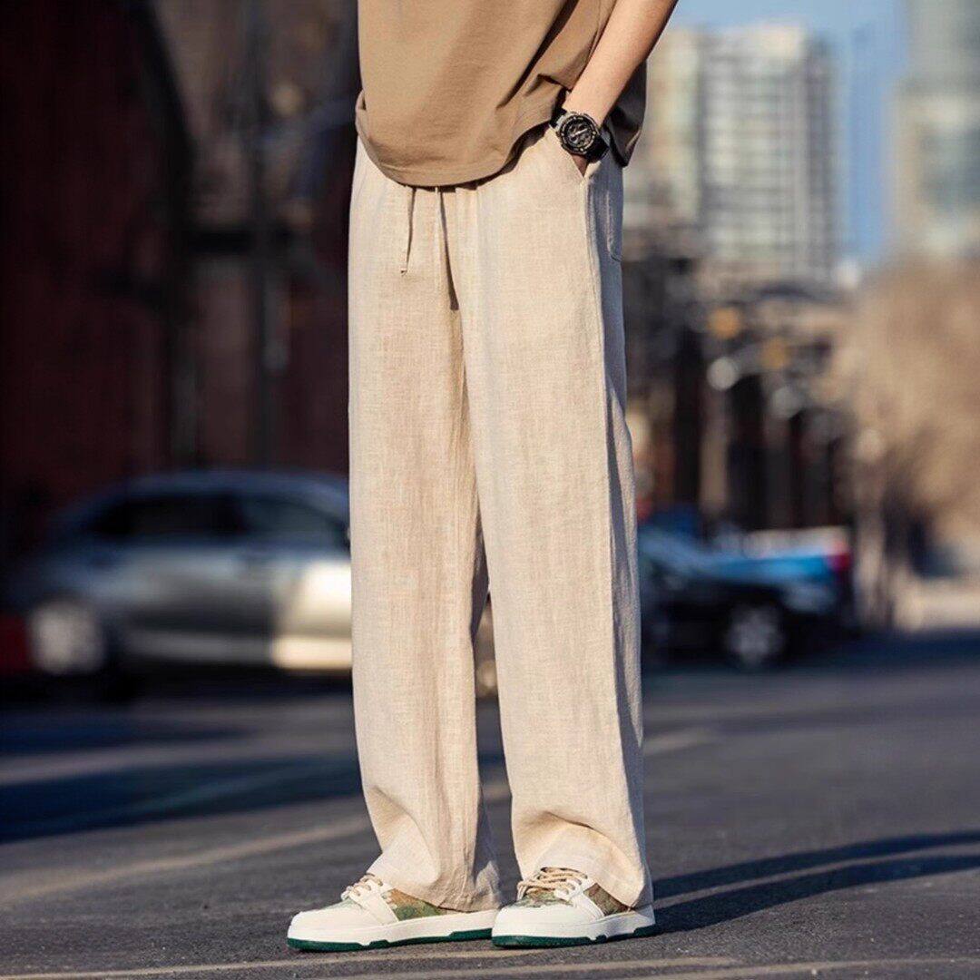 仓树一石日系复古亚麻裤子男款夏季薄款宽松直筒裤垂感棉麻休闲裤
