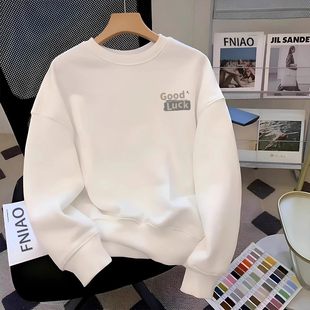 仓树一石潮牌秋冬季白色圆领卫衣男高端时尚加绒重磅纯棉休闲上衣