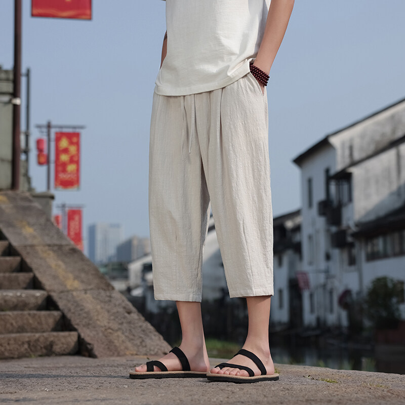 仓石  树中国风男夏季薄款亚麻直筒七分裤宽松裤子休闲裤棉麻短裤