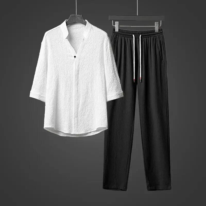 仓树一石中国风男装夏季冰丝套装棉麻汉服唐装大码宽松休闲两件套