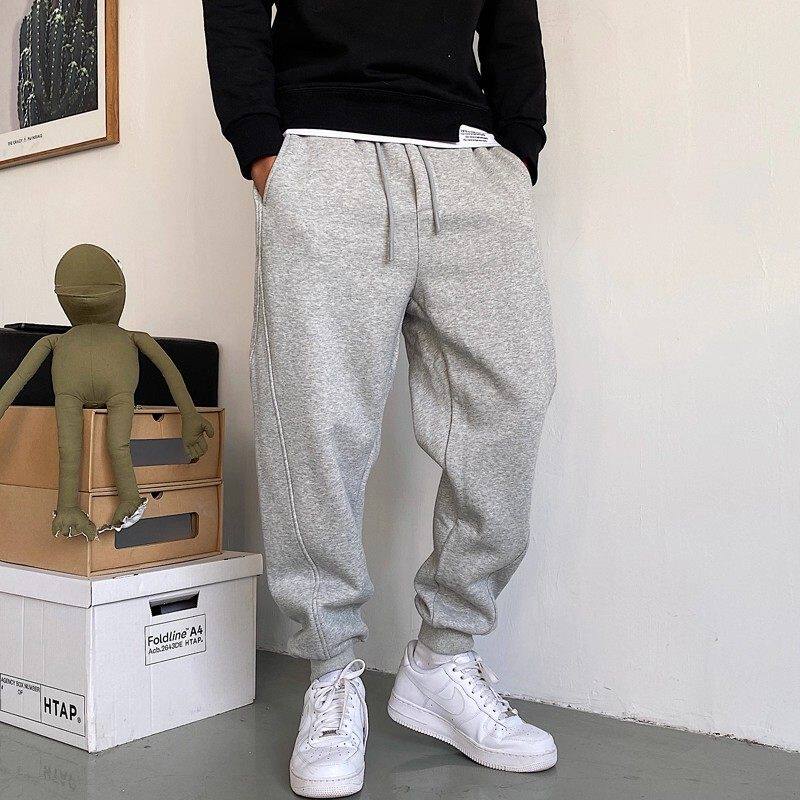 仓树一石秋冬季美式高端加绒灰色卫裤男宽松抽绳百搭运动束脚裤子
