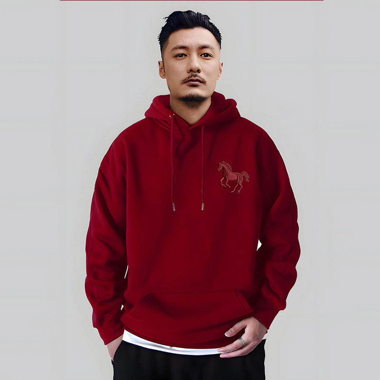 仓树一石潮牌加绒连帽卫衣男刺绣2026马年本命年衣服酒红色外套