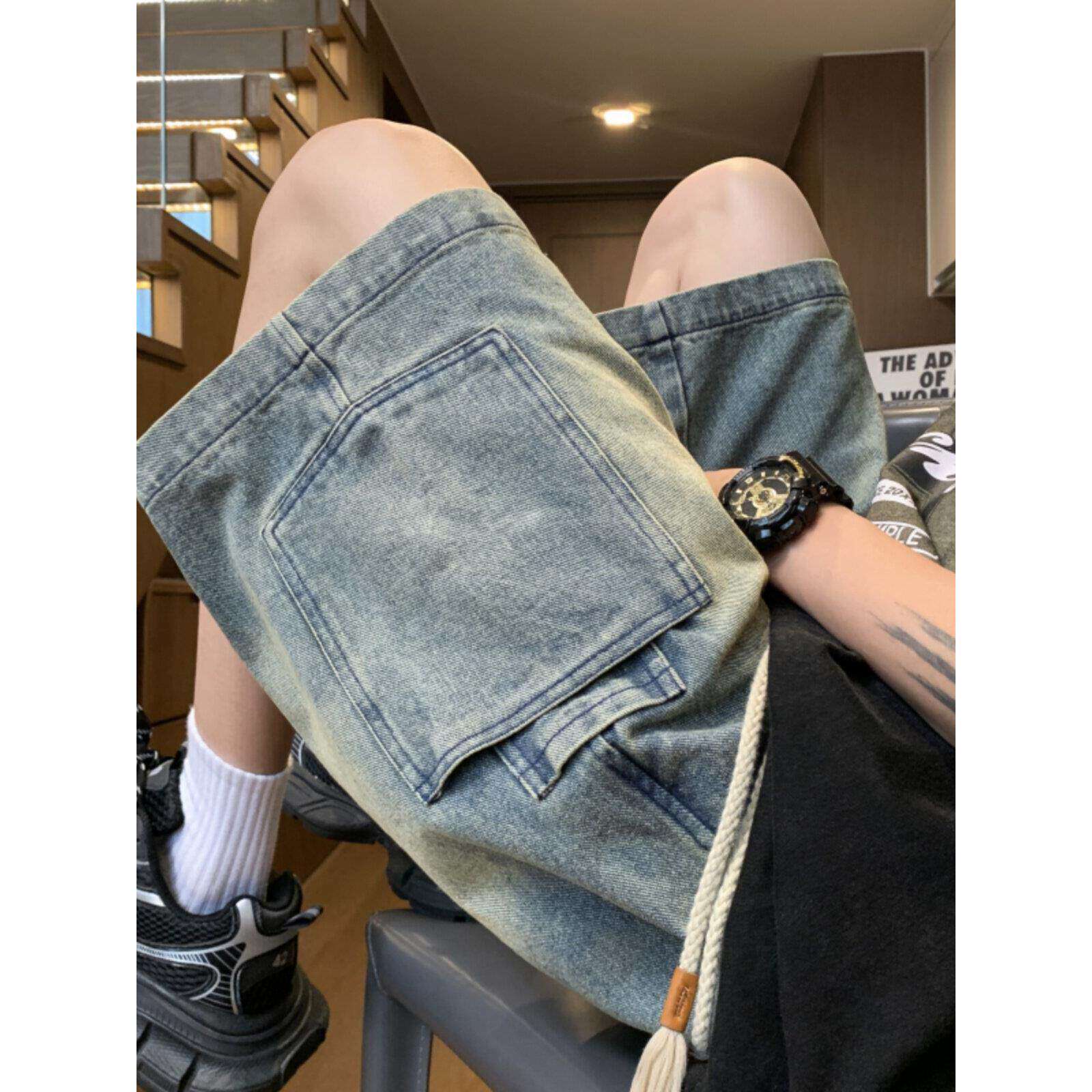 仓树一石潮牌黑色休闲牛仔短裤男款夏季新款高街宽松直筒五分裤潮