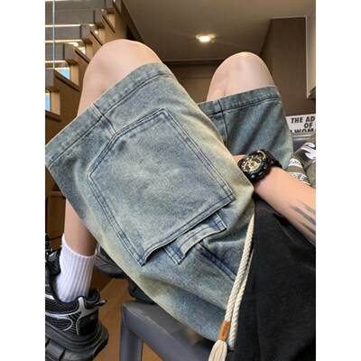 仓树一石潮牌黑色休闲牛仔短裤男款夏季新款高街宽松直筒五分裤潮