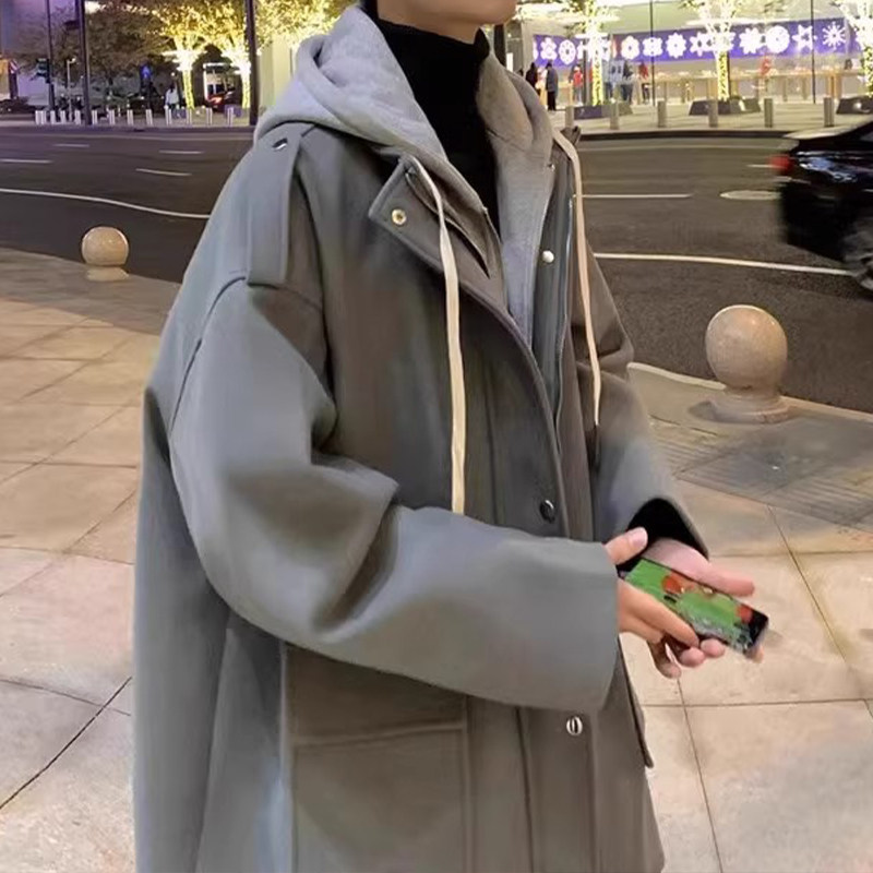 仓树一石假两件设计感外套男秋季宽松百搭连帽风衣美式中长款夹克