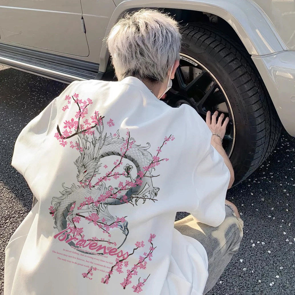 仓树一石纯棉重磅短袖T恤男士夏季2026国潮樱花高街宽松圆领上衣