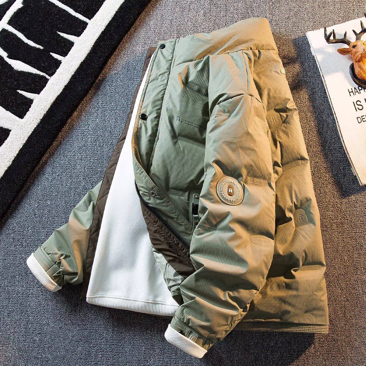 仓树一石潮牌压印立领羽绒服男士秋冬加厚高级感羽绒夹克短款外套