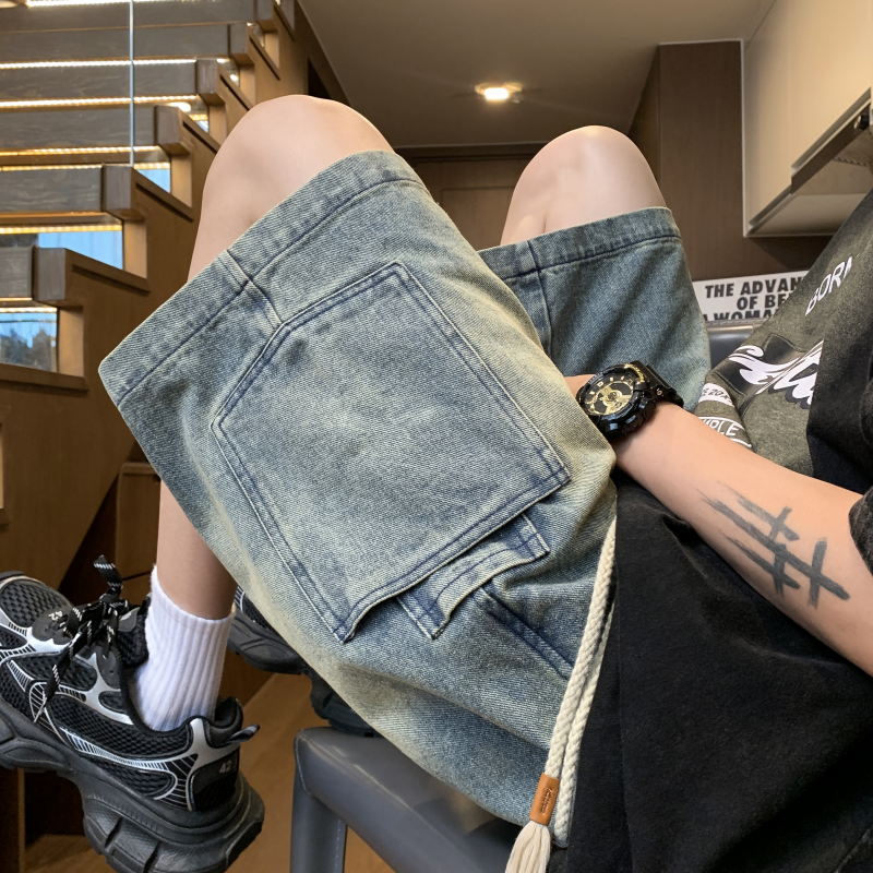 仓树一石潮牌黑色牛仔短裤男款夏季新款高街宽松直筒休闲五分裤