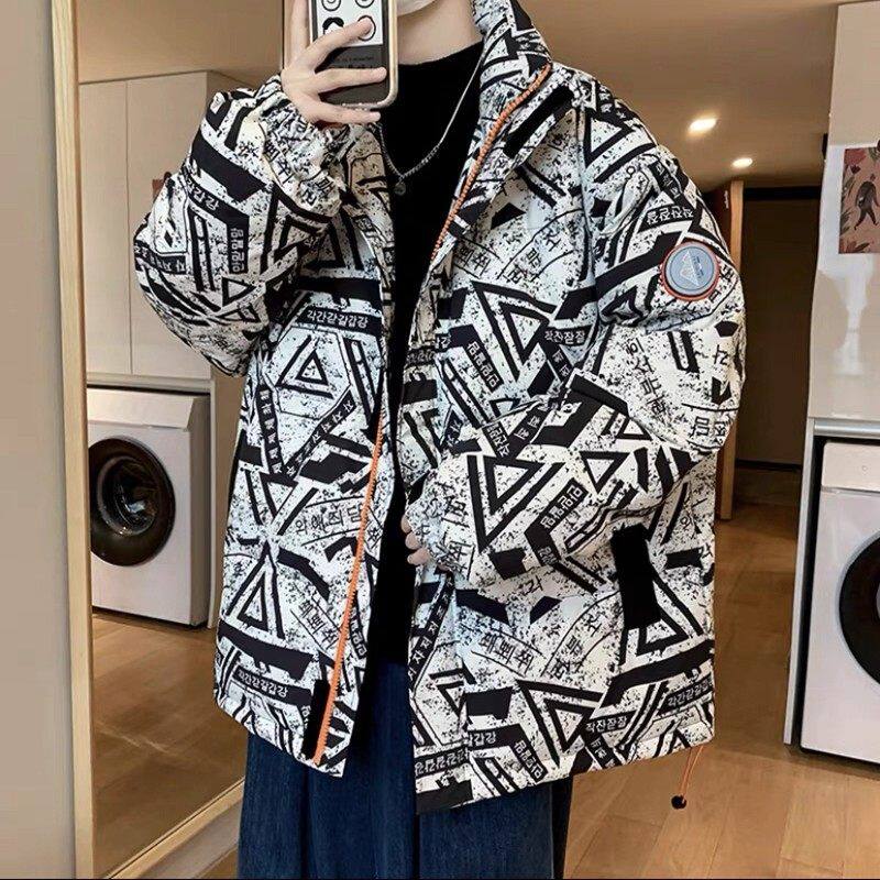 仓树一石白色时尚港风宽松中长款羽绒服冬季新款国潮保暖外套男装