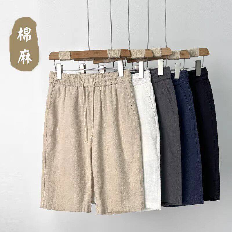 仓树一石亚麻短裤男款夏季外穿棉麻中裤麻料五分裤宽松休闲大裤衩