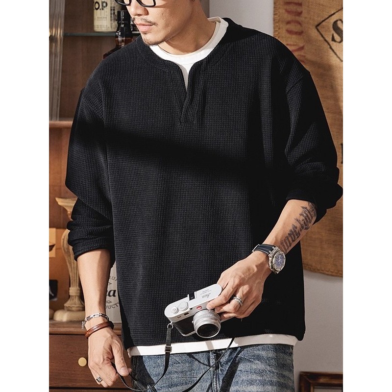 仓树一石美式复古重磅华夫格长袖T恤男秋季2025新款假两件亨利衫