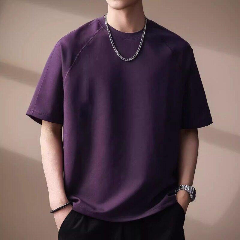 仓树一石潮牌高级感紫色短袖T恤男士夏季新款宽松插肩袖纯色上衣