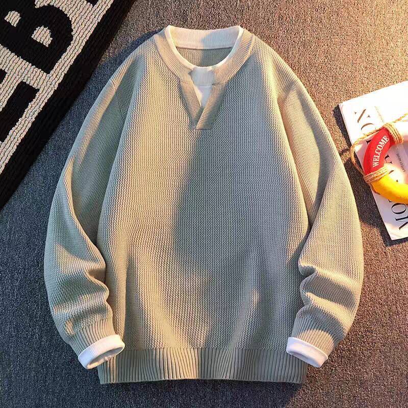 仓树一石商务设计感复古假两件V领毛衣男秋冬加厚保暖针织打底衫