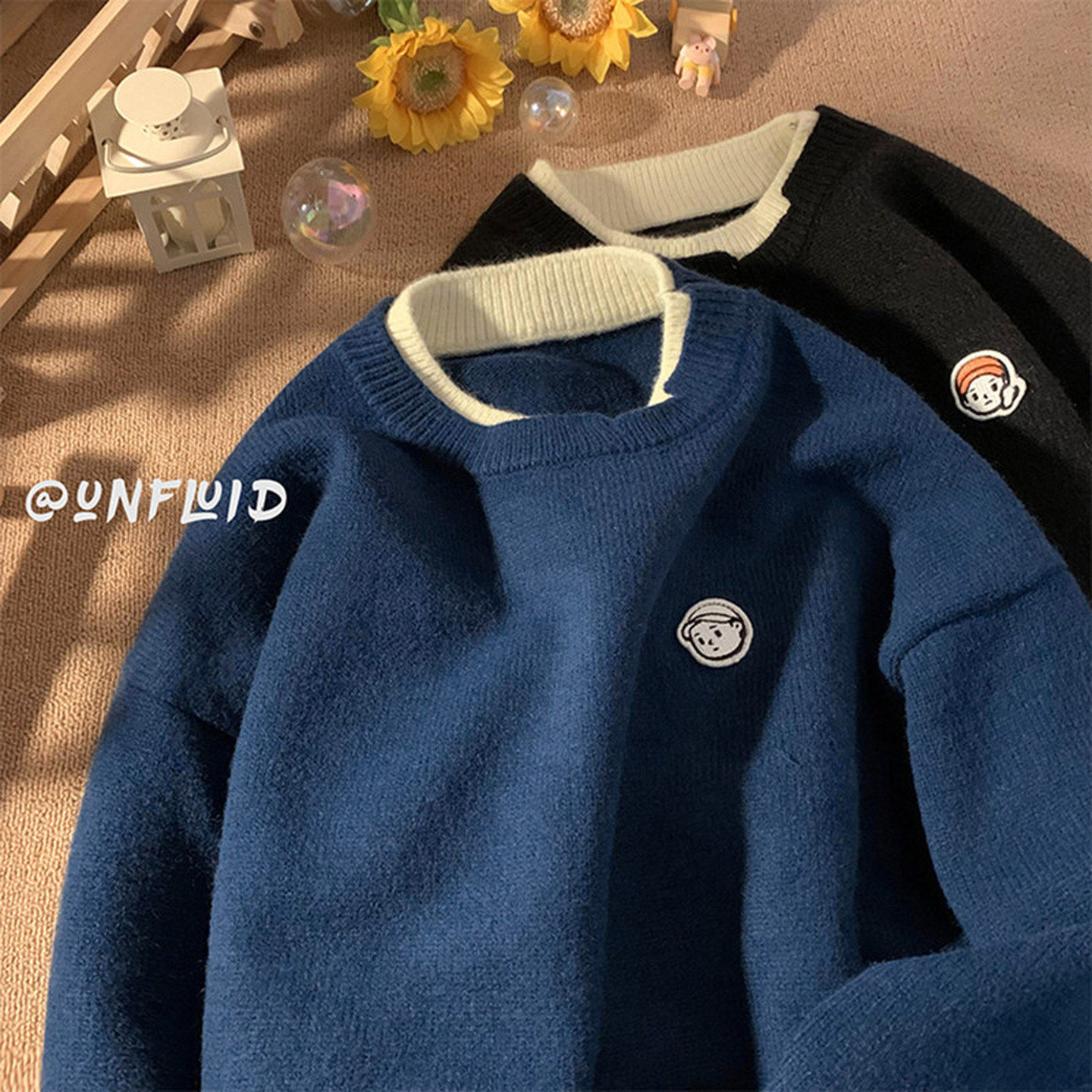 仓树一石潮牌假两件圆领毛衣男秋冬美式复古情侣装针织衫宽松线衣