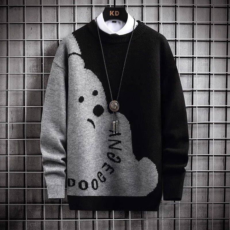 仓树一石潮牌小熊圆领毛衣男士秋冬加绒慵懒风保暖宽松百搭针织衫