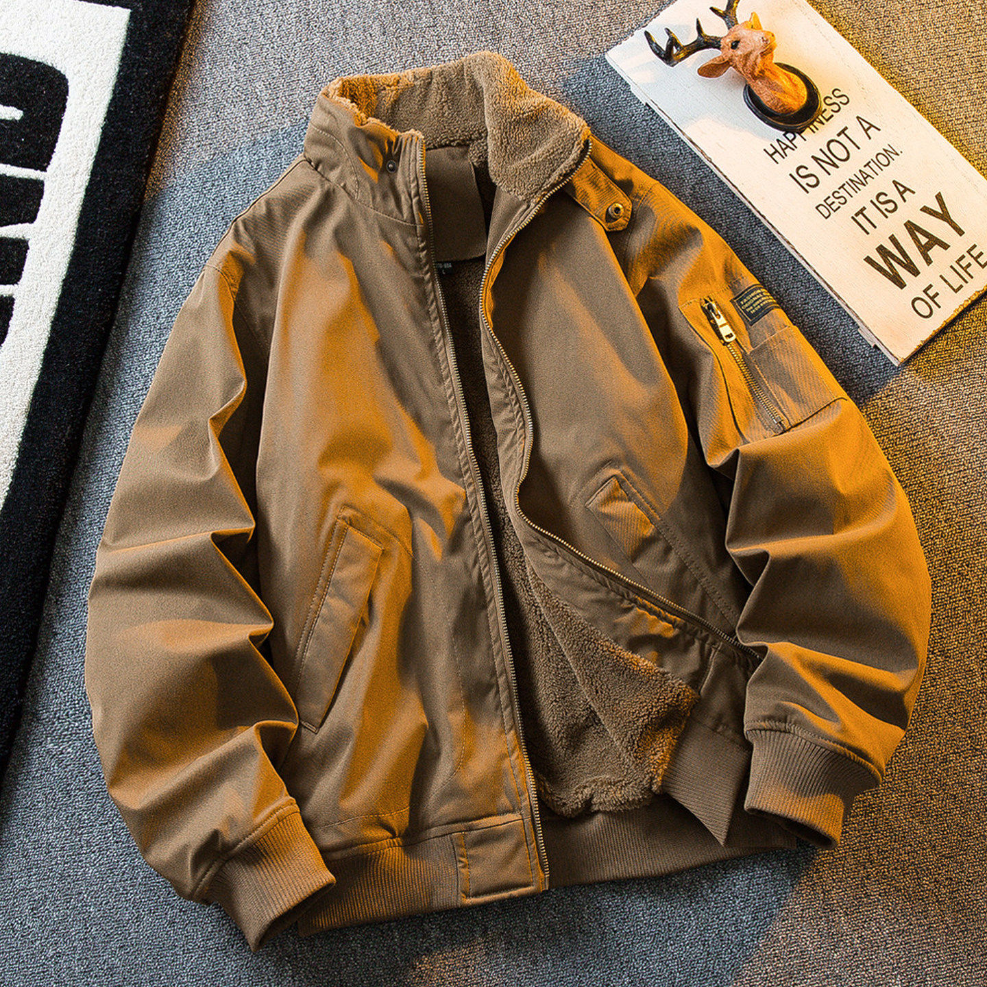 仓树一石加绒加厚立领工装飞行夹克男秋冬保暖棉服男冬季外套男士