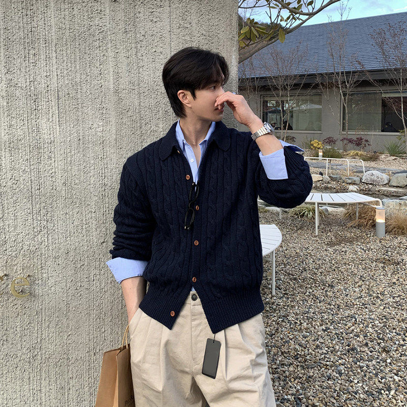 仓树一石男士毛衣休闲宽松外套韩版潮流高级感麻花纹针织开衫秋冬